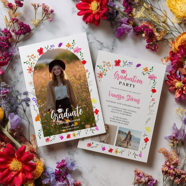 Convite Boho flores silvestres fotos de jardim de primaver (Boho wildflowers Spring Garden photos graduation Invitation)