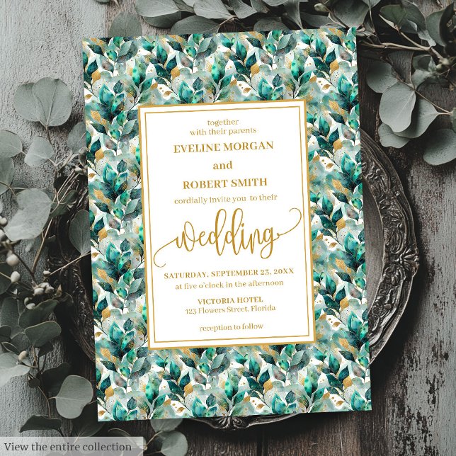 Convite Boho Floresta Verde Dourada Casamento Verde (Whimsical Boho Forest Green Gold Greenery Wedding Invitation)