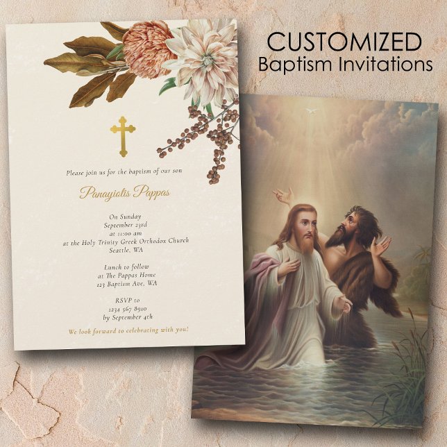 Convite Boho Flowers Cristalizando Batismo da Cruz Cristã (Boho Flowers Orthodox Christian Gold Cross Baptism Invitation)