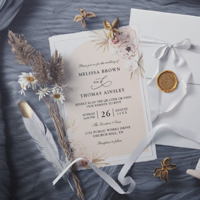 Convite Boho Flowers Elegant Modern Budget QR Code Wedding (Criador carregado)