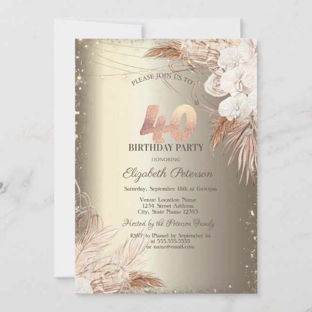 Convite Boho Flowers,Lights Glitter Frame Gold 40th  (Frente)