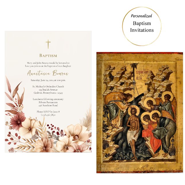 Convite Boho Flowers Pampas Grass Baptism Ortodoxo (Criador carregado)