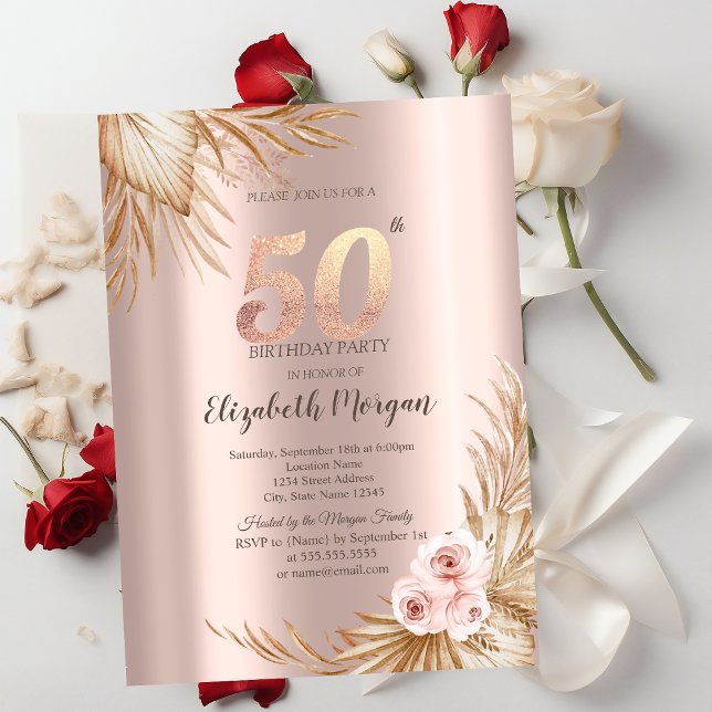 Convite Boho Flowers Pampas Rosa Dourado 50º aniversário (Criador carregado)