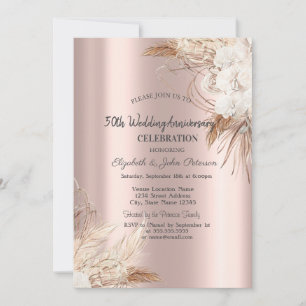 Convite Boho Flowers Rosa Dourado Aniversário de Casamento