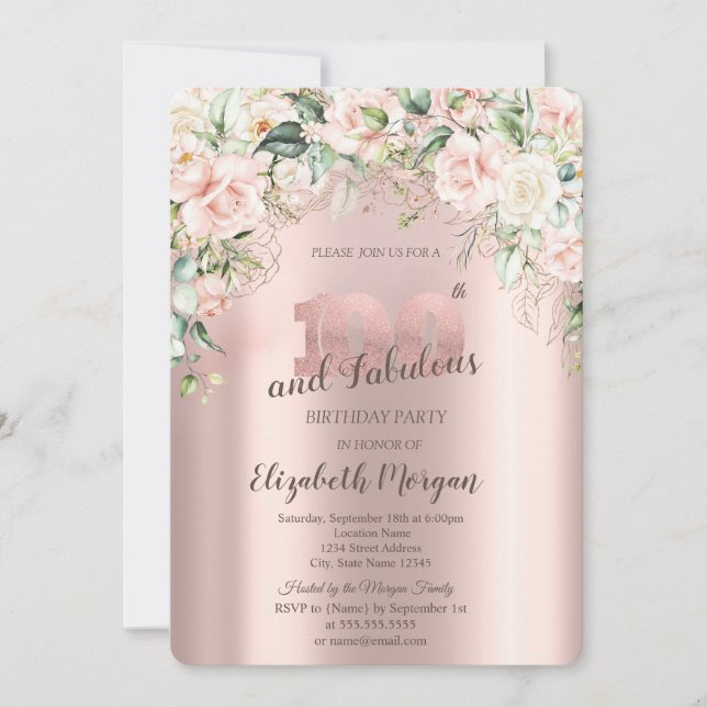 Convite Boho Flowers Rosa Rosa Dourado 100º aniversário (Frente)