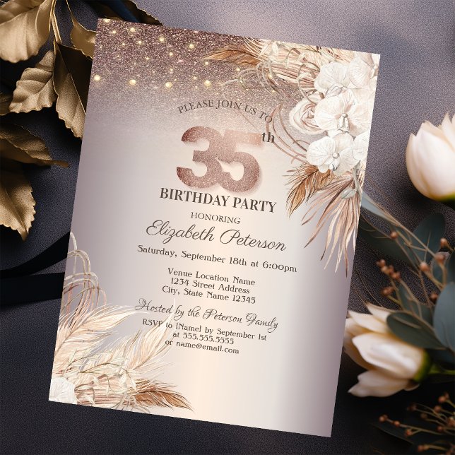 Convite Boho Flowers,String Lights Glitter 35th Birthday (Criador carregado)