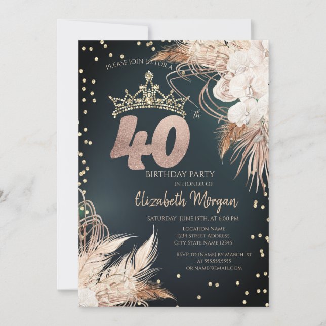 Convite Boho Flowers Tiara Diamantes Verde 40º (Frente)