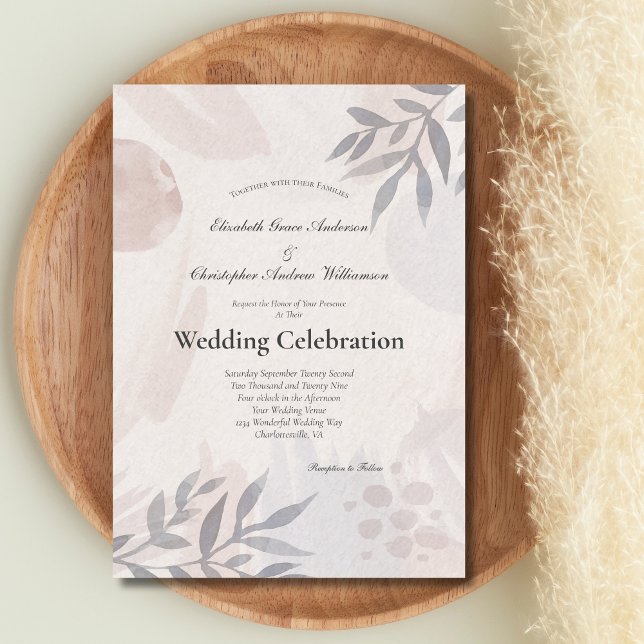 Convite Boho Folhas Botânicas Rosa Azul Casamento Aquarela (Boho blush pink blue gray abstract shapes leaves Wedding Invitation Printed or Instant Download )