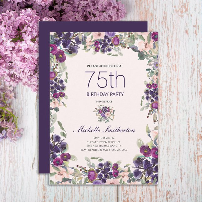 Convite Boho Folhas Verde Sage Roxo Floral Rosa 75º (Elegant purple and pink watercolor floral 75th birthday party invitation)