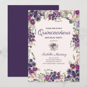 Convite Boho Folhas Verdes Roxo Rosa Floral Quinceañera