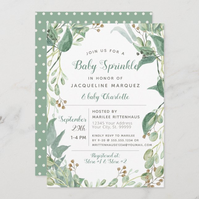 Convite BOHO Foliage Eucalyptus Greenery Baby Sprinkle (Frente/Verso)