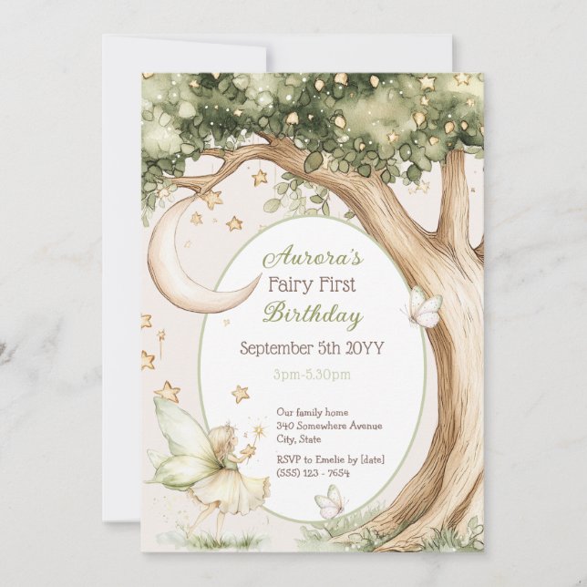 Convite Boho forest watercolor Fairy First birthday (Frente)