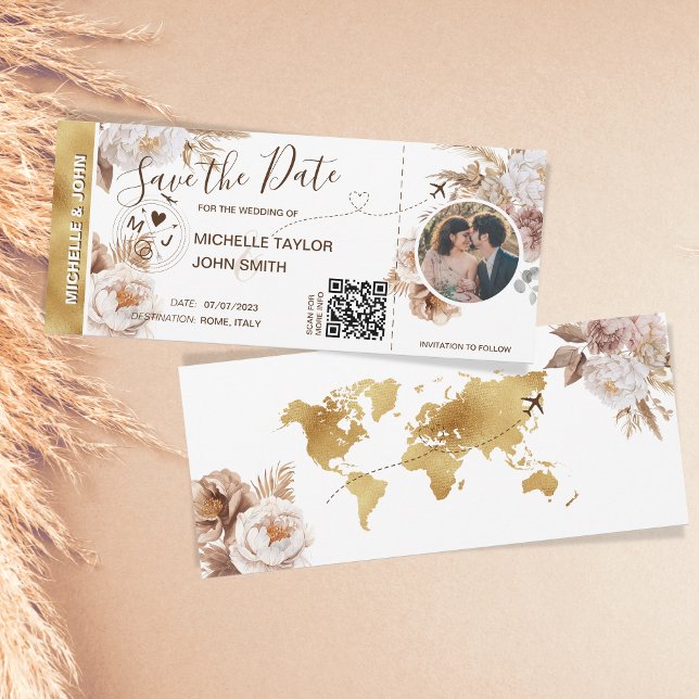 Convite Boho Foto Salvar Data Embarque Embarque Código QR (boho pampas grass gold world map)