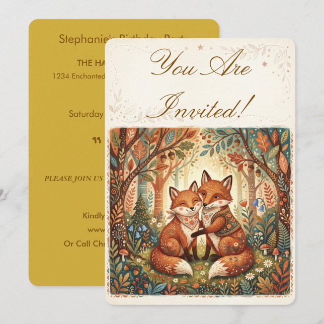 Convite Boho Fox Amor Floresta Terra Natalício (Frente/Verso)