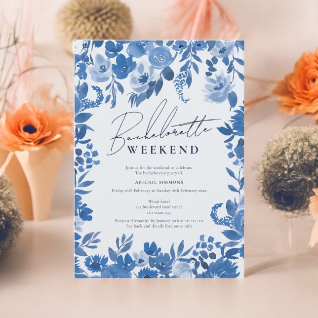 Convite Boho francês azul mão pintada despedida de solteir (Boho French blue hand painted bachelorette weekend Invitation)