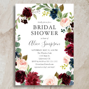 Convite Boho Garden Burgundy Blue Floral Chá de panela