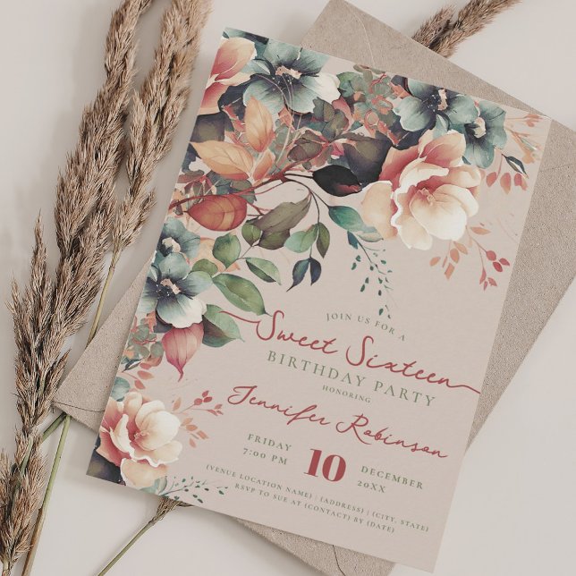 Convite Boho Garden Floral Sweet 16 Champanhe de Aniversár (Boho Garden Floral Sweet 16 Birthday Champagne Invitation)