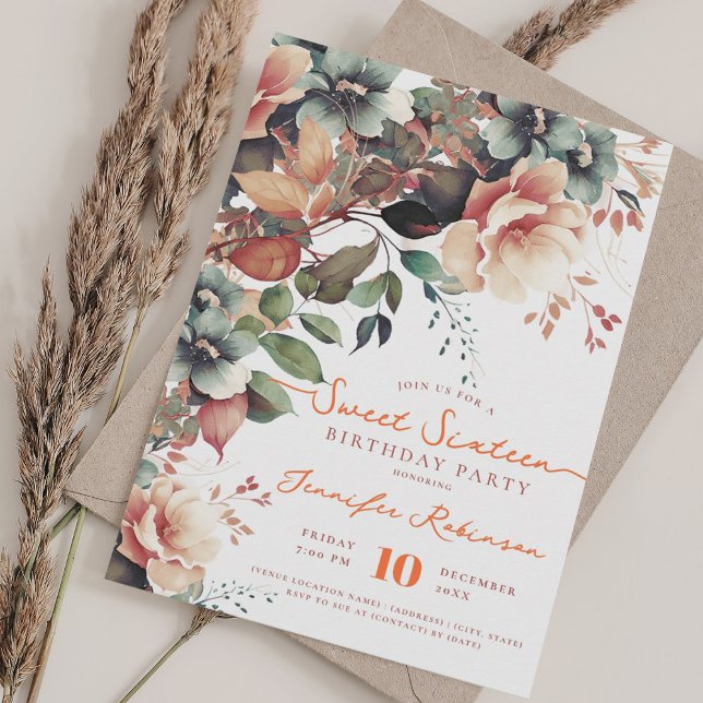 Convite Boho Garden Floral Sweet 16 Festa de aniversário (Boho Garden Floral Sweet 16 Birthday Party Invitation)