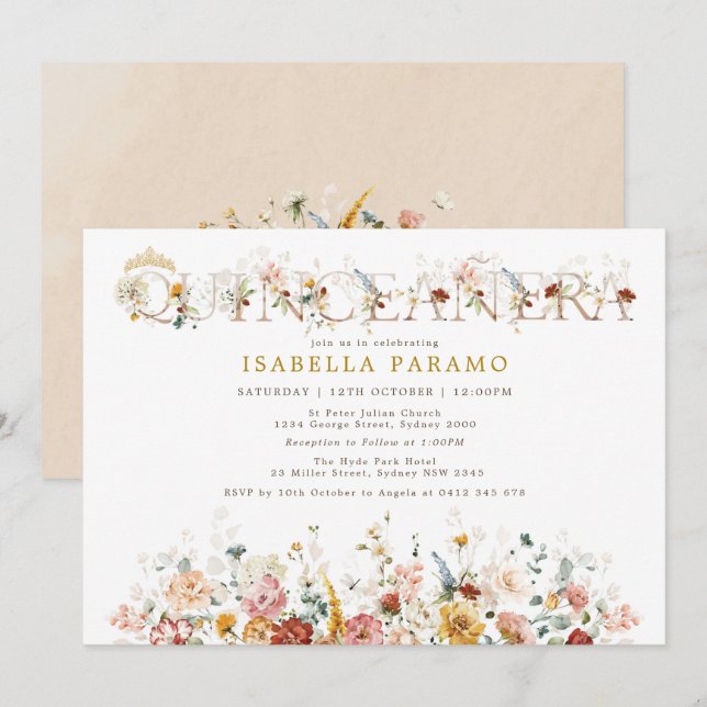 Convite Boho Garden Flowers Quinceañera 15 Birthday (Frente/Verso)