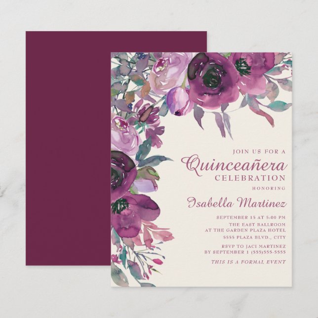 Convite Boho Garden Purple Lilac Script Floral Quinceañera (Frente/Verso)