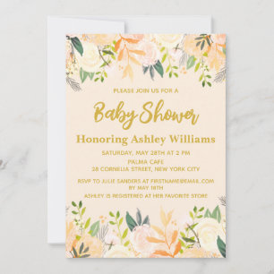Convite Boho Gênero Chá de fraldas neutro Ivory Dourado Fl