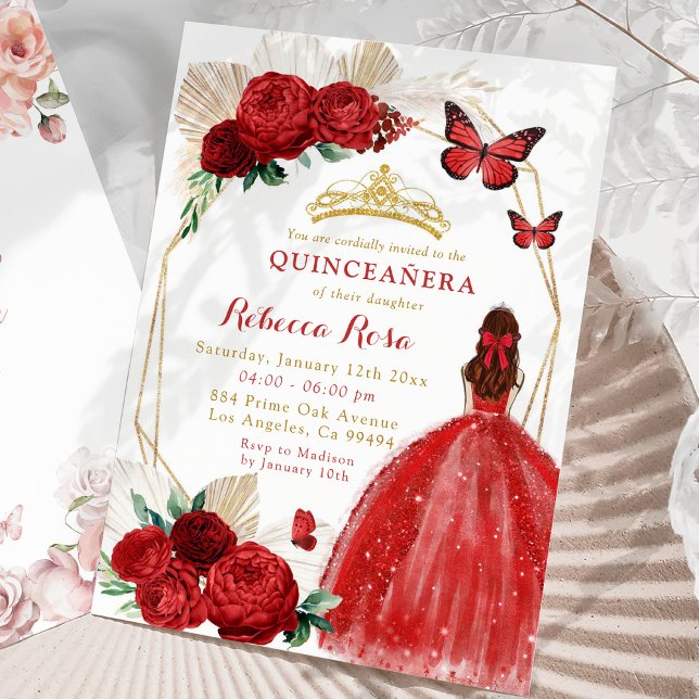 Convite Boho Geométrico Dourada e Rosas vermelhas Quinceañ (Criador carregado)