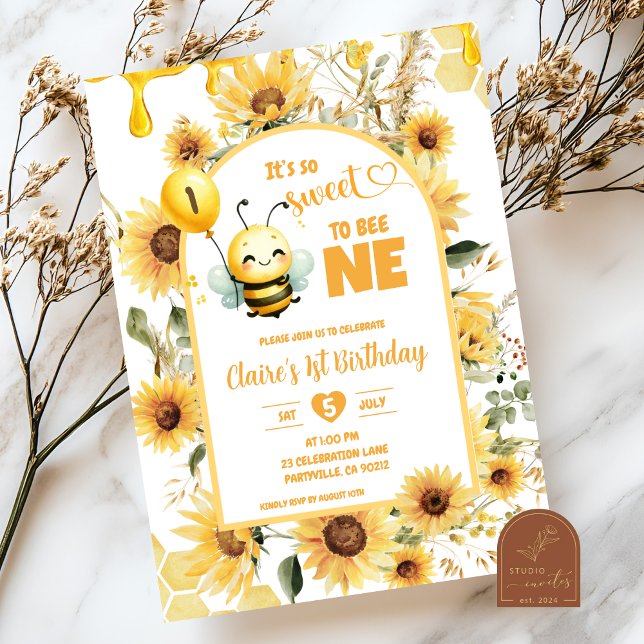 Convite Boho Girassol Doce para Abelha Um Aniversário (Criador carregado)