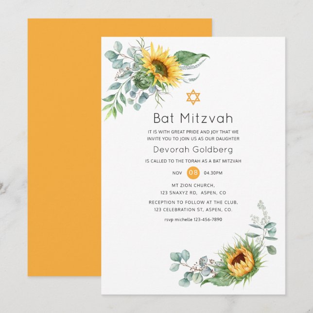 Convite Boho Girassol Eucalipto Bat Mitzvah (Frente/Verso)