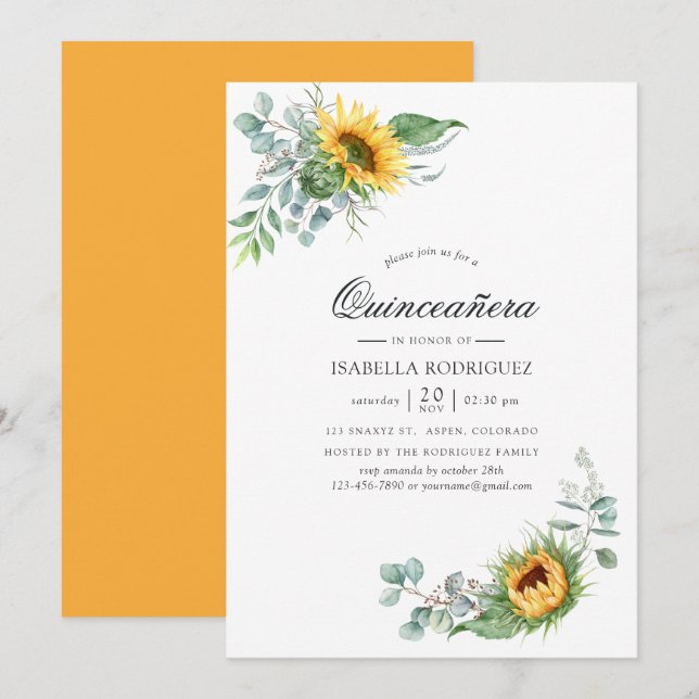 Convite Boho Girassol Eucalipto Quinceañera (Frente/Verso)