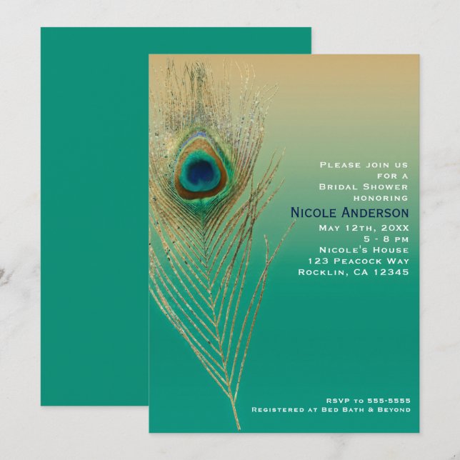 Convite Boho Glam Areia de Pena de Pavão e Turques (Frente/Verso)