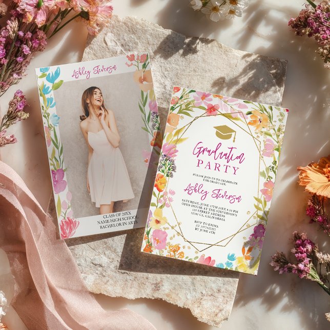 Convite Boho glitter floral watercolor photo graduation (Boho glitter floral watercolor photo graduation invitation)