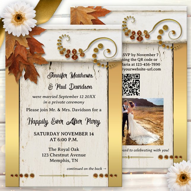 Convite Boho Gold Fall Leaves Happily Ever After (Boho chic happily ever after wedding party invitation featuring a rustic design with fall leaves)