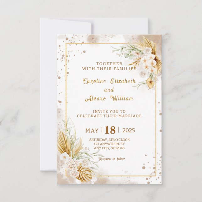 Convite Boho Gold Glitter Pampas Grass & Orchid Wedding  (Frente)