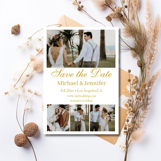 Convite Boho Gold Script | 4 Foto Colagem Save the Date  (Criador carregado)