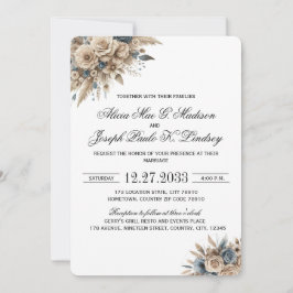 Convite Boho Grama das Pampas Florais Azuis Elegantes