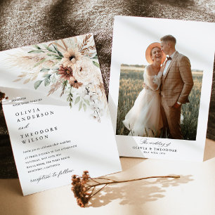 Convite Boho Grama das Pampas Floral Foto Costas Casamento