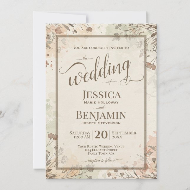 Convite Boho Gramas & Flores Silvestres Casamento Script E (Frente)