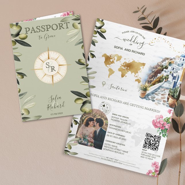 Convite Boho Grécia Destino Casamento Passaporte QR Código (greece passport wedding invitation with olive branches and santorini watercolor illustration)