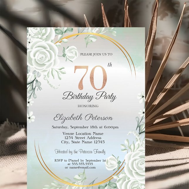 Convite Boho Green Roses Silver Aniversário de 70 anos  (Criador carregado)