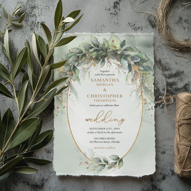 Convite Boho greenery eucalyptus foliage gold casamento (EDITABLE Trendy watercolor greenery eucalyptus gold frame wedding invitation template )