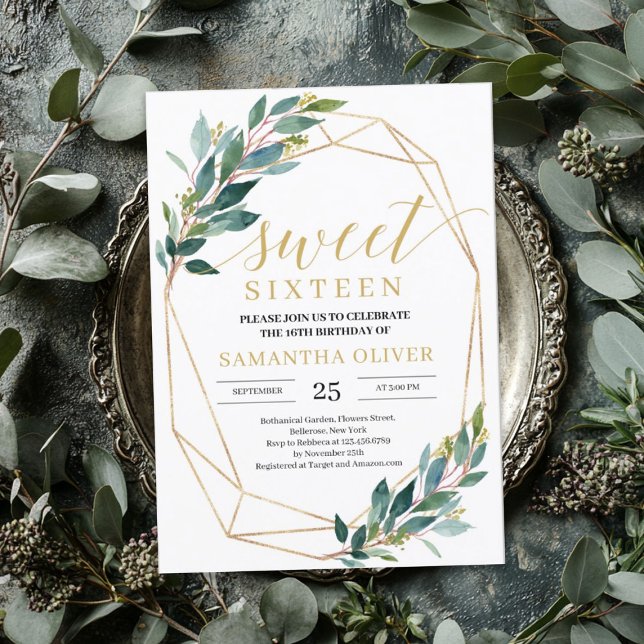 Convite Boho Greenery eucalyptus gold frame doce dezesseis (Boho Greenery eucalyptus gold frame sweet sixteen Invitation)