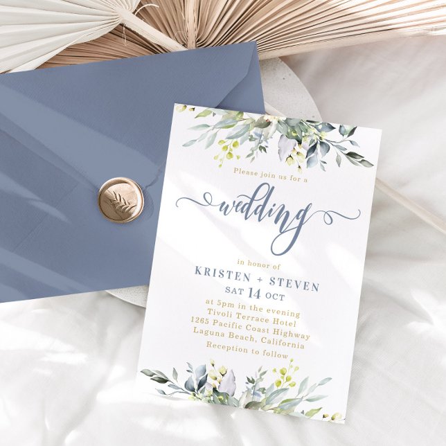 Convite Boho Greenery Eucalyptus Wedding Dusty Blue (Criador carregado)