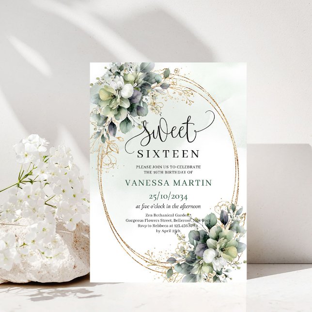 Convite Boho Greenery Folhagem Doce 16 Dourado (Boho Greenery Foliage Sweet 16 Gold Invitation)