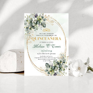 Convite Boho Greenery Folhagem Quinceañera Dourado