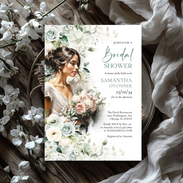 Convite Boho greenery foliage rosas brancas belas noivas (Boho greenery foliage white roses beauty bride invitation)