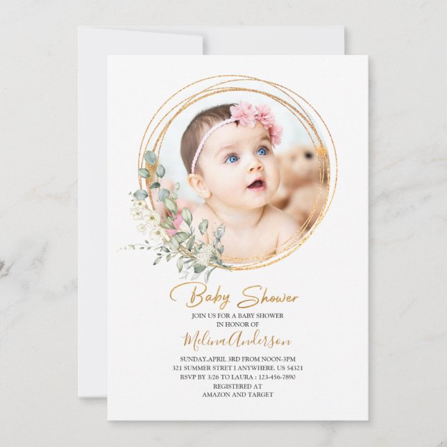 Convite Boho  Greenery Gold Frame  watercolor baby shower (Frente)