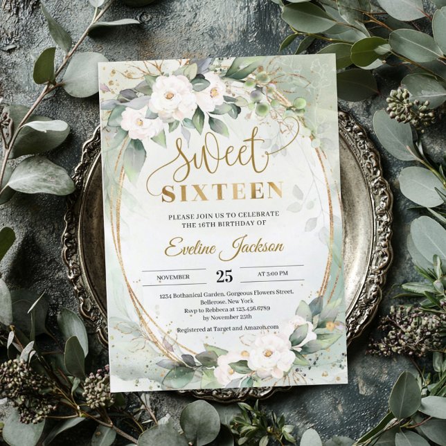 Convite Boho Greenery rosas brancas folha de ouro 16 (Greenery white roses gold foil oval sweet 16 invit invitation)