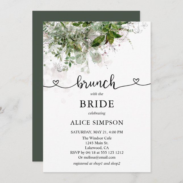 Convite Boho Greenery Script Heart Brunch Chá de panela (Frente/Verso)