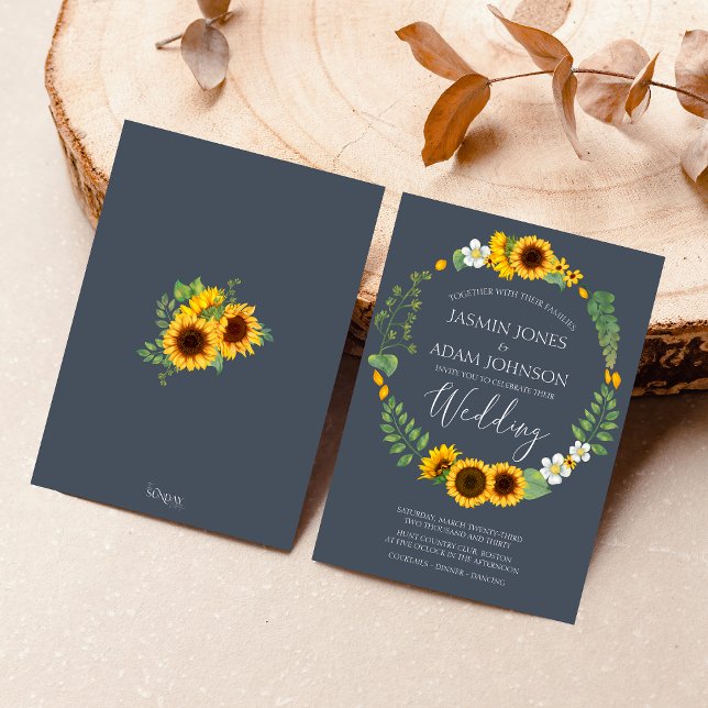 Convite Boho Greenery Sunflower Royal Casamento Azul (Rustic Yellow and Navy Blue Sunflower Boho Wedding Invitation)
