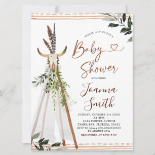 Convite Boho Greneery Animal Skull Teepee Chá de fraldas